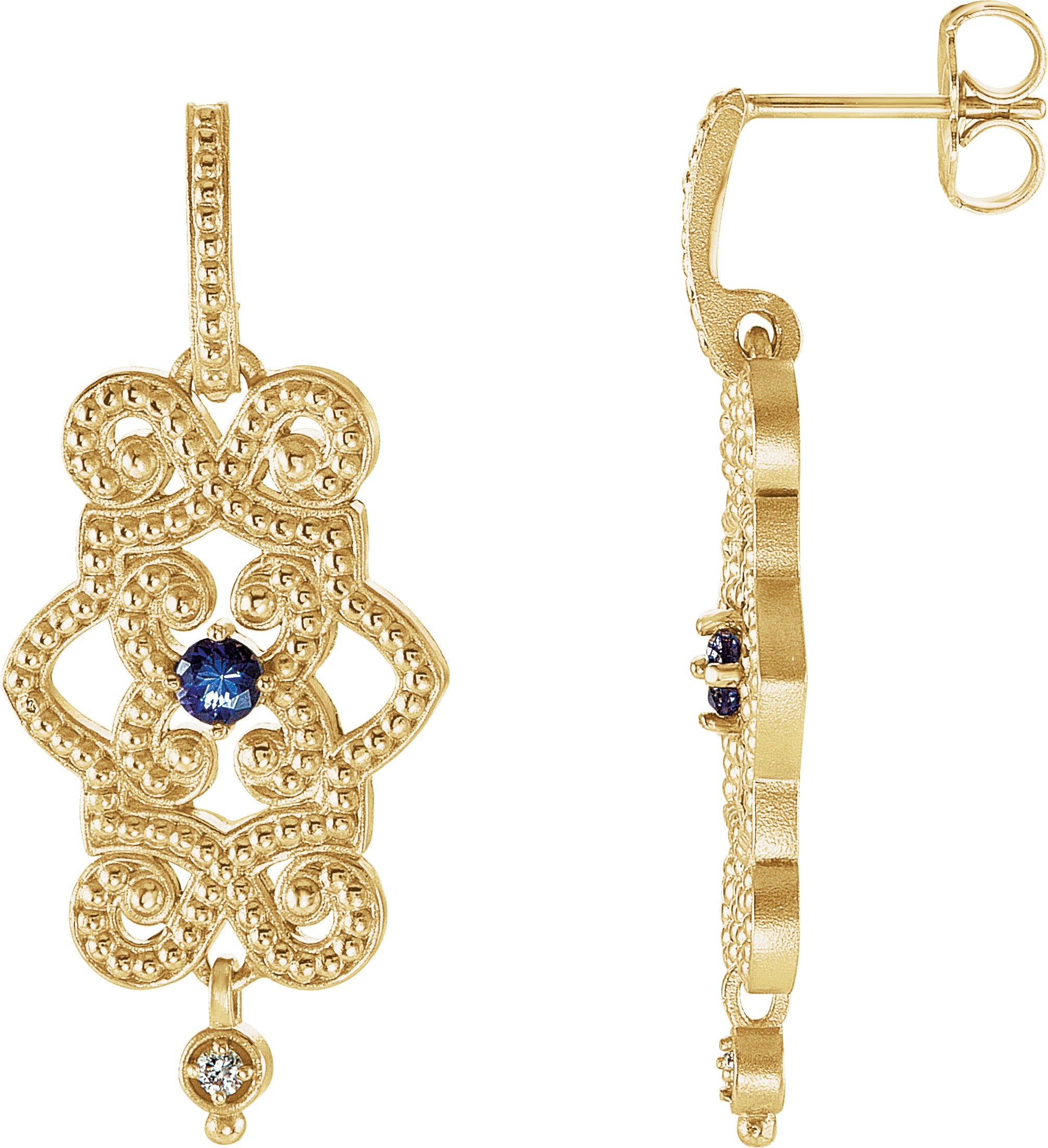 14K Yellow Tanzanite and .03 CTW Diamond Granulated Design Dangle Earrings Ref 3623787