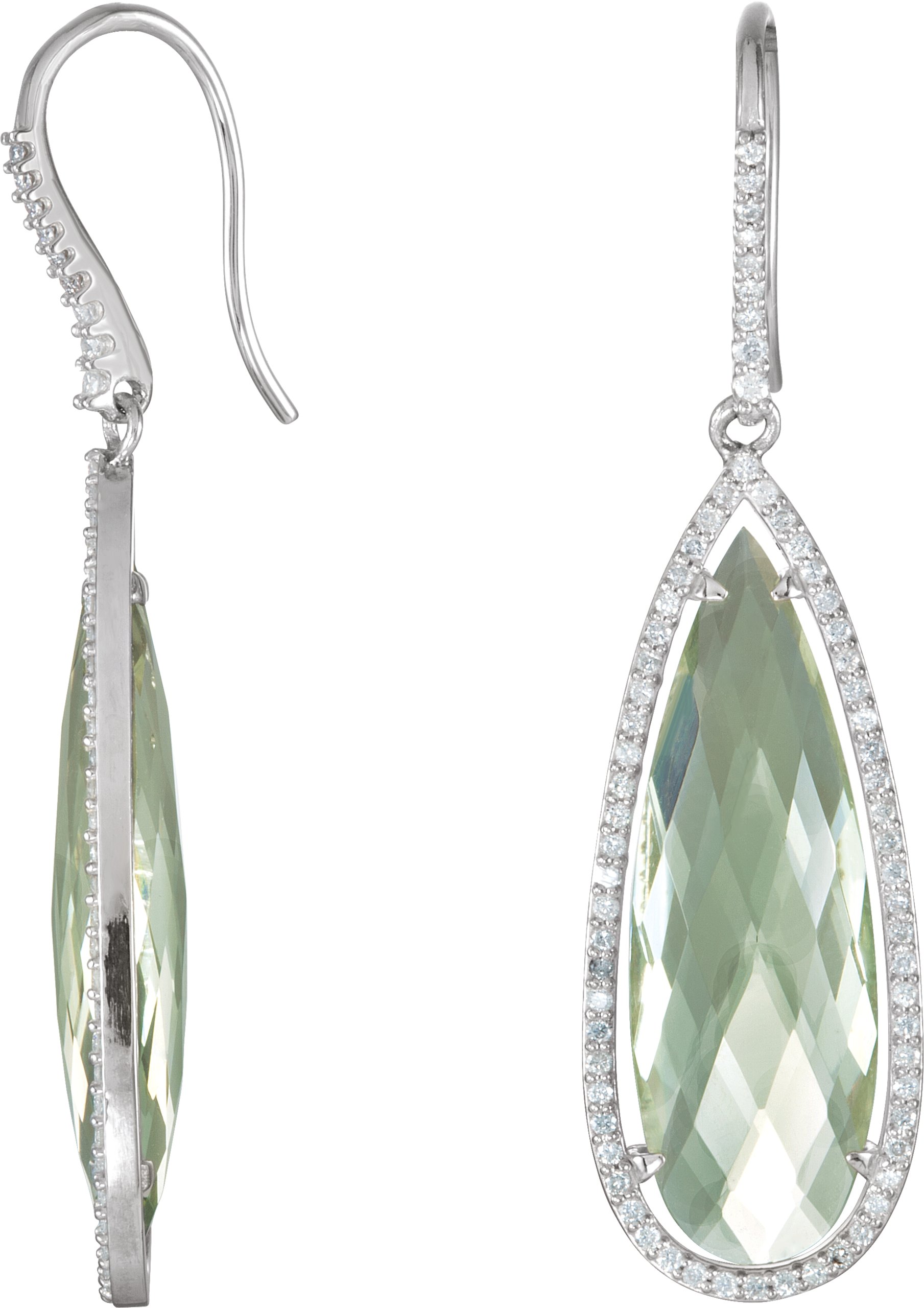 Sterling Silver .75 CTW Diamond and Green Quartz Halo Style Pear Shaped Dangle Earrings Ref 3627906