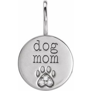 14K White .01 CTW Natural Diamond Engraved Dog Mom Paw Print Charm/Pendant