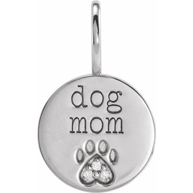 14K White .01 CTW Natural Diamond Engraved Dog Mom Paw Print Charm/Pendant