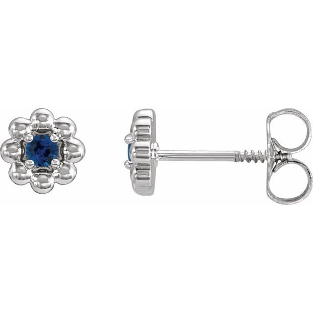 Sterling Silver Lab-Grown Blue Sapphire Petite Flower Beaded Earrings