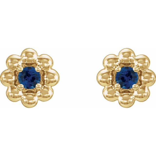 14K Yellow Lab-Grown Blue Sapphire Petite Flower Beaded Earrings