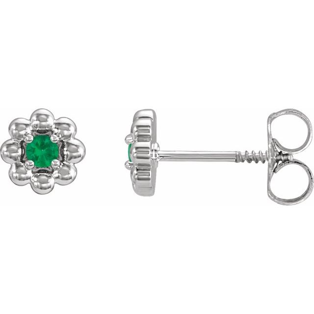 14K White Lab-Grown Emerald Petite Flower Beaded Earrings