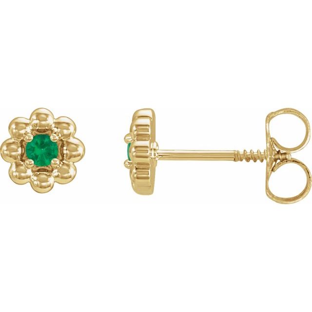 14K Yellow Lab-Grown Emerald Petite Flower Beaded Earrings