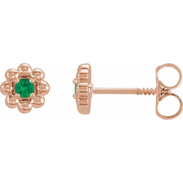 14K Rose Lab-Grown Emerald Petite Flower Beaded Earrings