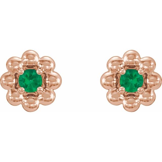 14K Rose Lab-Grown Emerald Petite Flower Beaded Earrings