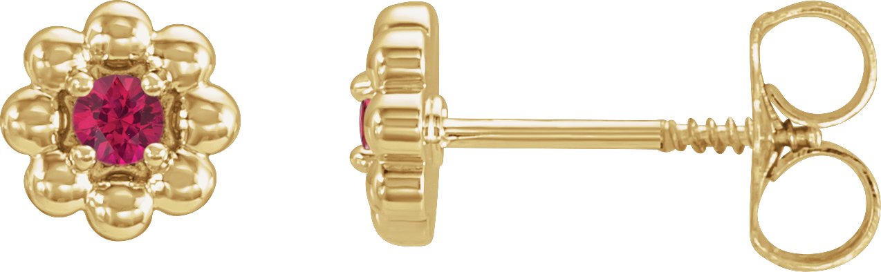 14K Yellow Lab-Grown Ruby Petite Flower Beaded Earrings