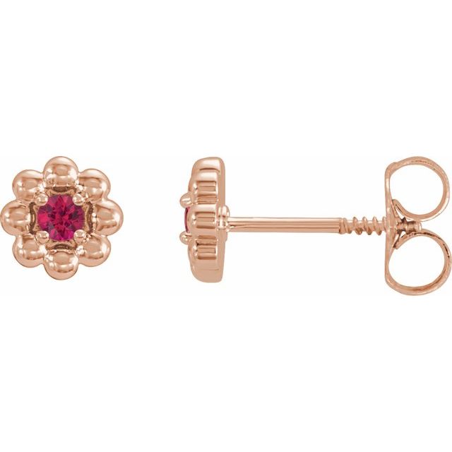 14K Rose Natural Ruby Petite Flower Beaded Earrings