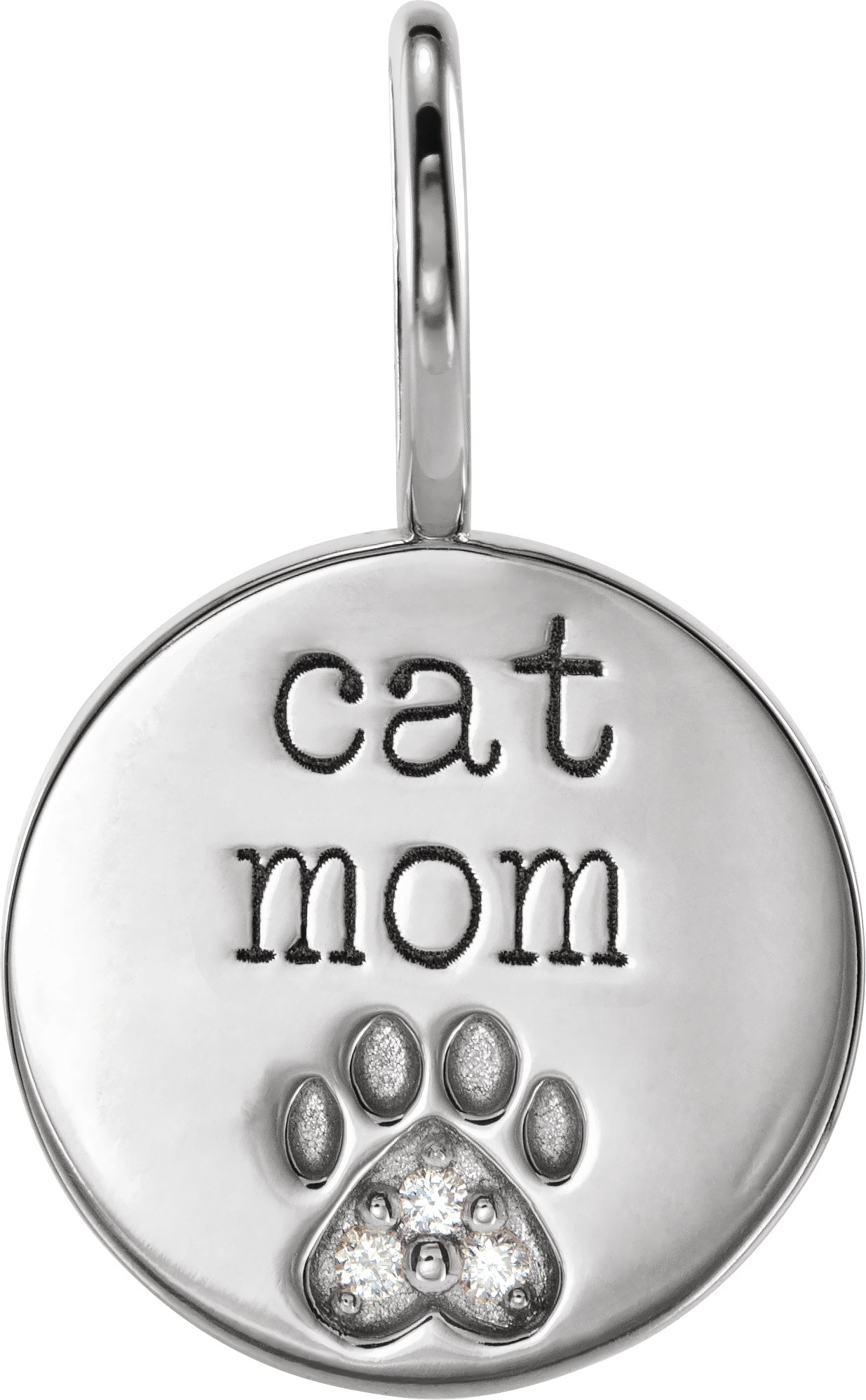 14K White .01 CTW Natural Diamond Engraved Cat Mom Paw Print Charm/Pendant