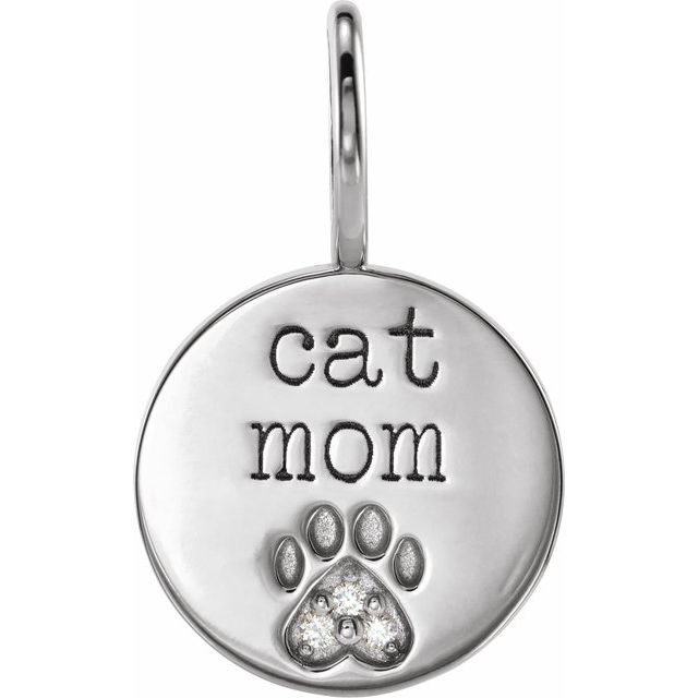 14K White .01 CTW Natural Diamond Engraved Cat Mom Paw Print Charm/Pendant