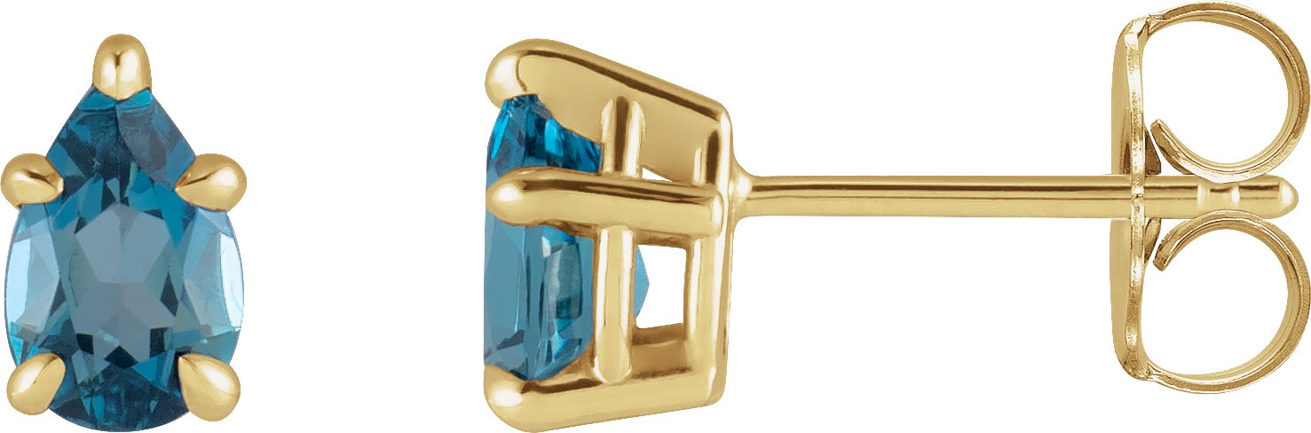 14K Yellow Natural London Blue Topaz 5-Prong Claw Stud Earrings