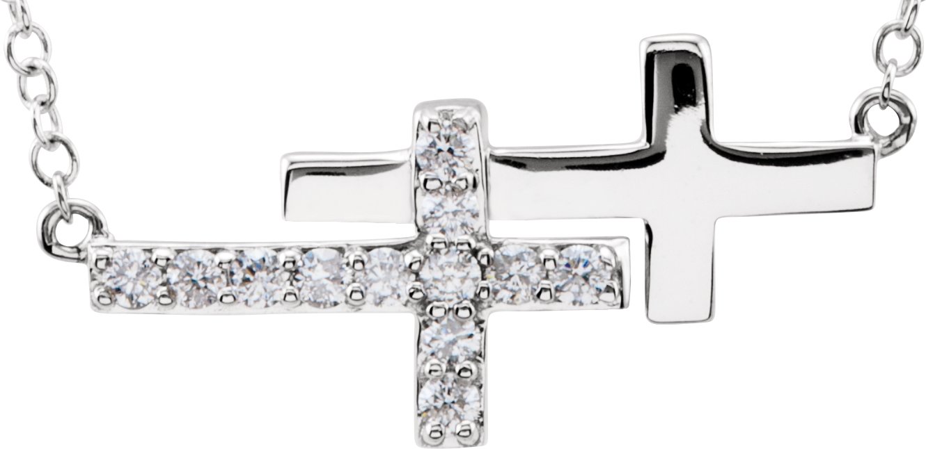 14K White 1/5 CTW Natural Diamond Double Sideways Cross 16-18 Necklace