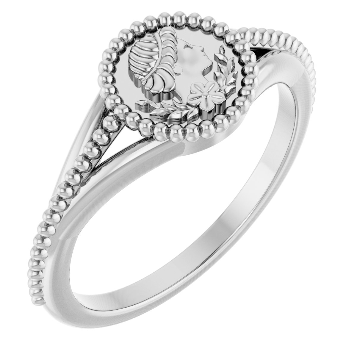 Sterling Silver 8.7 mm Beaded Cameo Medallion Ring