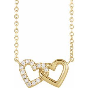 14K Yellow .05 CTW Natural Diamond Petite Double Interlocking Heart 16-18" Necklace